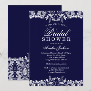 Vintage White Lace Navy Bridal Shower Invitation