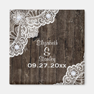 Vintage white lace, old wood wedding Save the Date Magnet