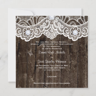 Vintage white lace on brown wood wedding invitation