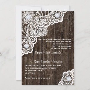 Vintage white lace on old wood wedding invitation