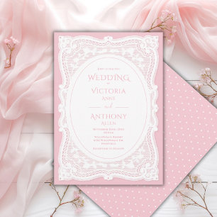Vintage White Lace Pink Rustic Wedding Invitation