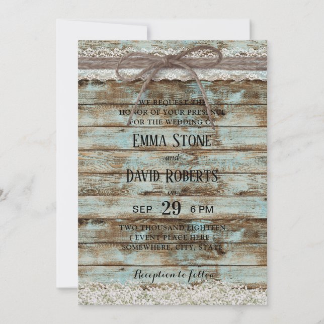 Vintage White Lace & Twine Rustic Barn Wedding Invitation (Front)