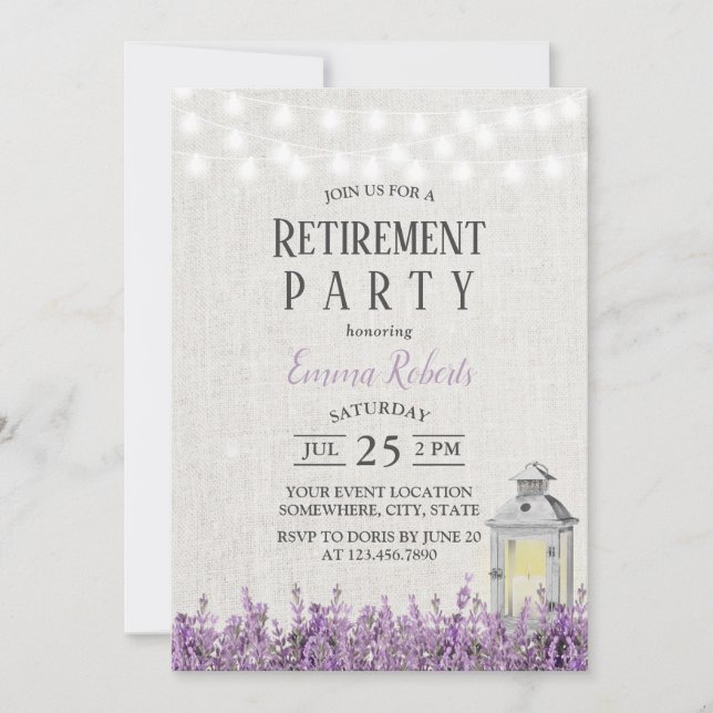 Vintage White Lantern Lavender Floral Retirement Invitation (Front)