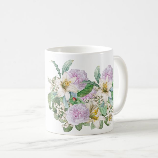 Vintage White Lily Pink Rose Bouquet Coffee Mug (Front Right)
