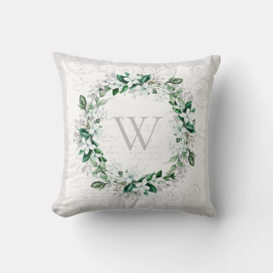 Vintage White Magnolia Floral Wreath Monogram Cushion