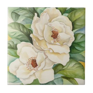 Vintage White Magnolia Watercolor Floral Tile