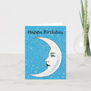 Vintage White Moon Face White Stars Birthday Card