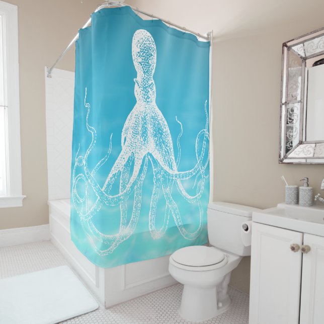 Vintage White Octopus Illustration  Ocean Water Shower Curtain (In Situ)