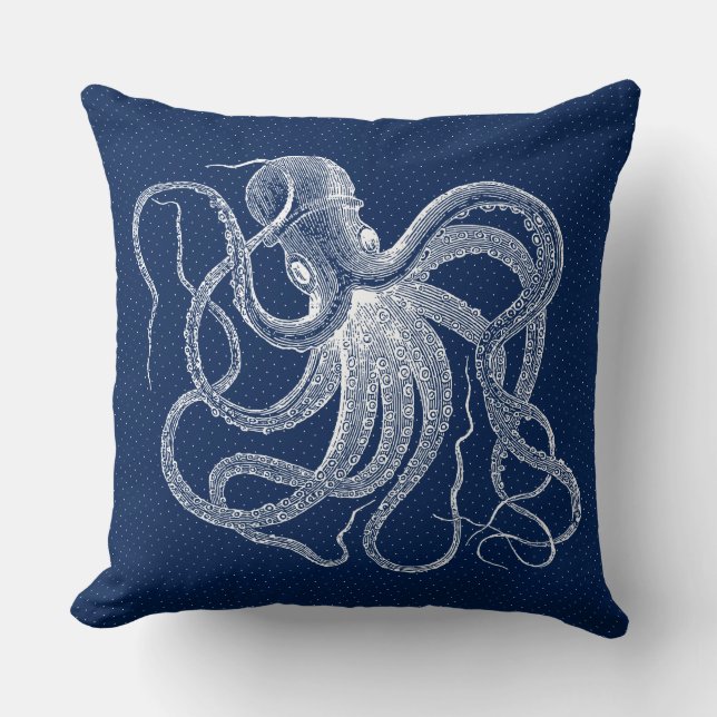 Vintage White octopus On Dark Blue Background Cushion (Front)
