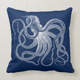 Vintage White octopus On Dark Blue Background Cushion