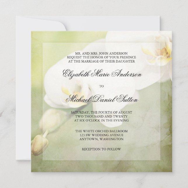 Vintage White Orchid Wedding Invitations (Front)