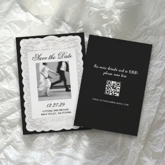 Vintage White Paper Lace Black Photo Wedding Save The Date