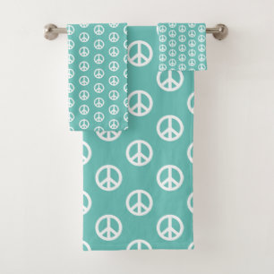 Vintage White Peace Symbols on Teal Bath Towel Set