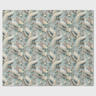 Vintage White Peacock & Floral Chinoiserie Wrapping Paper