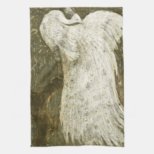 Vintage white peacock illustration tea towel