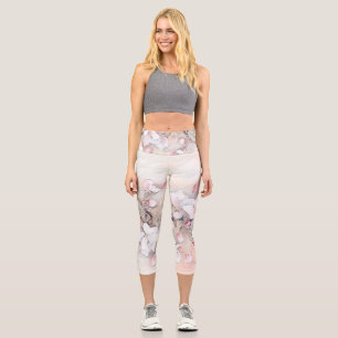 Vintage white pink cherry blossom drawing minimal capri leggings
