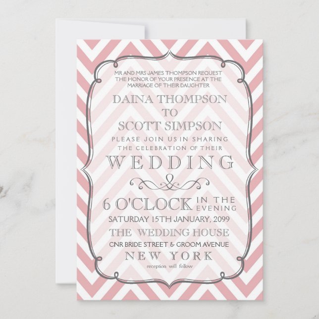 Vintage White & Pink Chevron Stripes Wedding Invitation (Front)