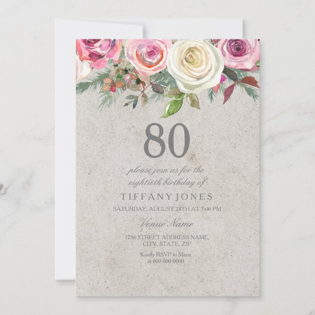 Vintage White & Pink Floral 80th Birthday Invite (Front)