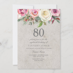 Vintage White & Pink Floral 80th Birthday Invite
