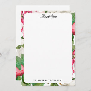 Vintage White & Pink Magnolia Flowers Custom Name Thank You Card