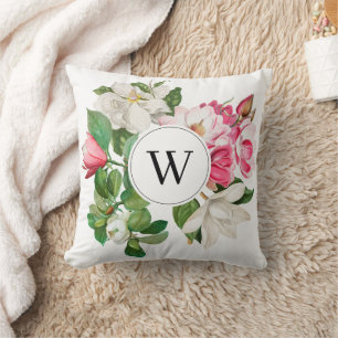 Vintage White & Pink Magnolia Flowers Monogram Cushion