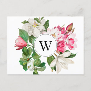 Vintage White & Pink Magnolia Flowers Monogram Holiday Postcard