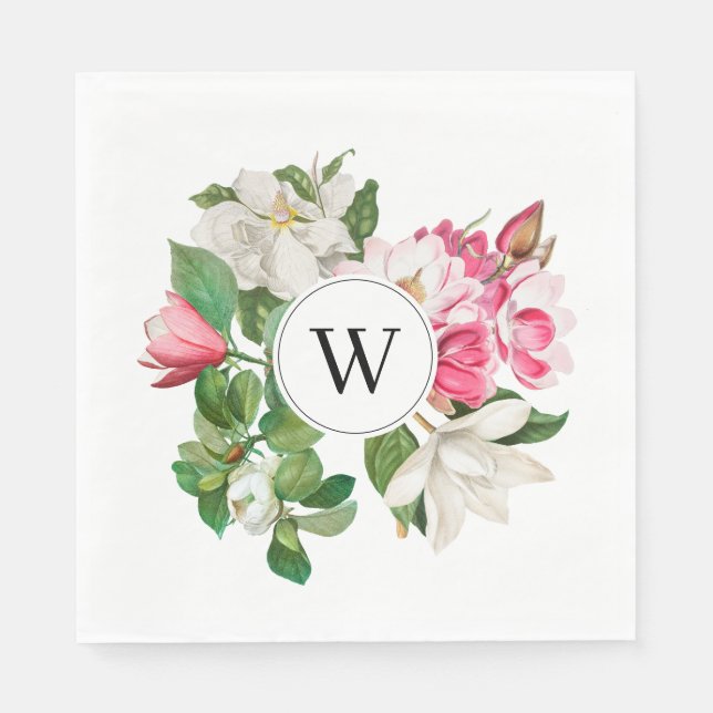 Vintage White & Pink Magnolia Flowers Monogram Napkin (Front)