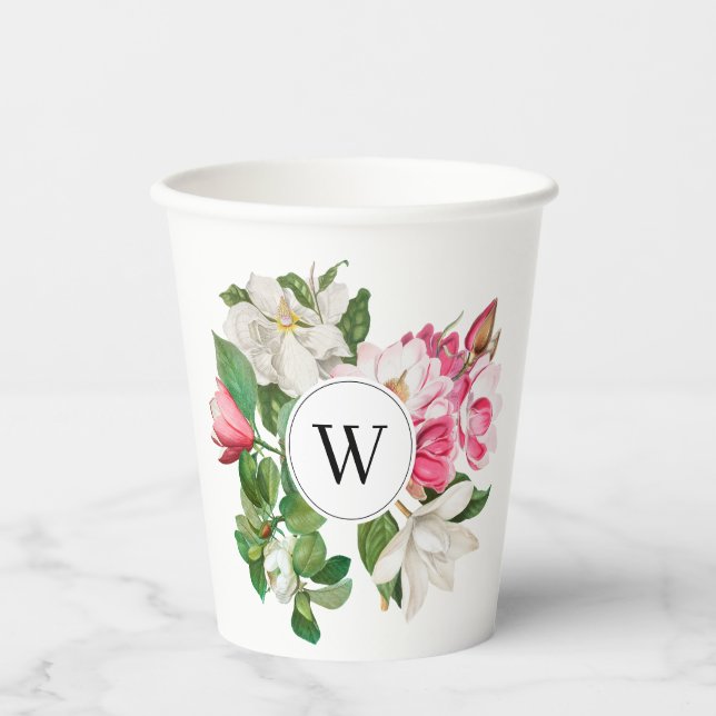 Vintage White & Pink Magnolia Flowers Monogram Paper Cups (Front)