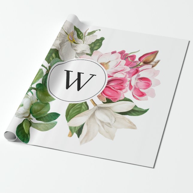 Vintage White & Pink Magnolia Flowers Monogram Wrapping Paper (Unrolled)