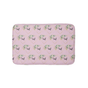 Vintage White Pink Roses Golden Heart Monogram Bath Mat