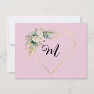 Vintage White Pink Roses Golden Heart Monogram  Holiday Card