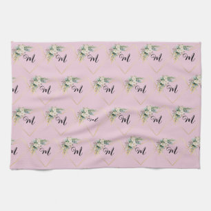 Vintage White Pink Roses Golden Heart Monogram Tea Towel
