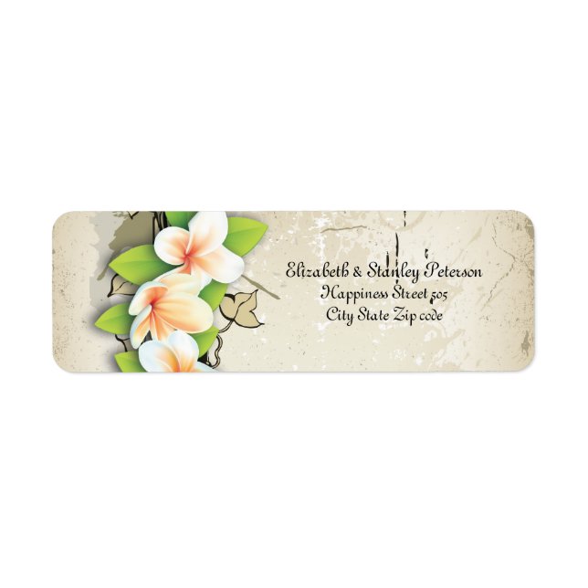 Vintage white plumeria & ivy beige wedding label (Front)