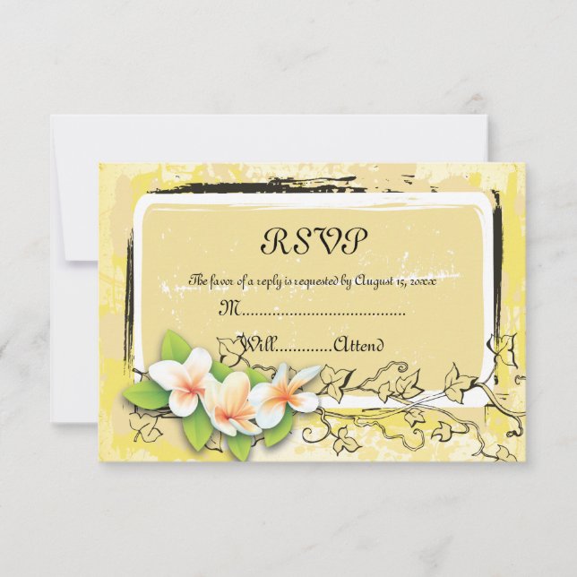 Vintage white plumeria ivy on yellow RSVP card (Front)