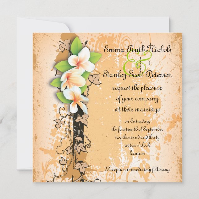 Vintage white plumeria ivy orange invitation (Front)