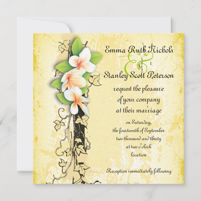 Vintage white plumeria ivy yellow  invitation (Front)