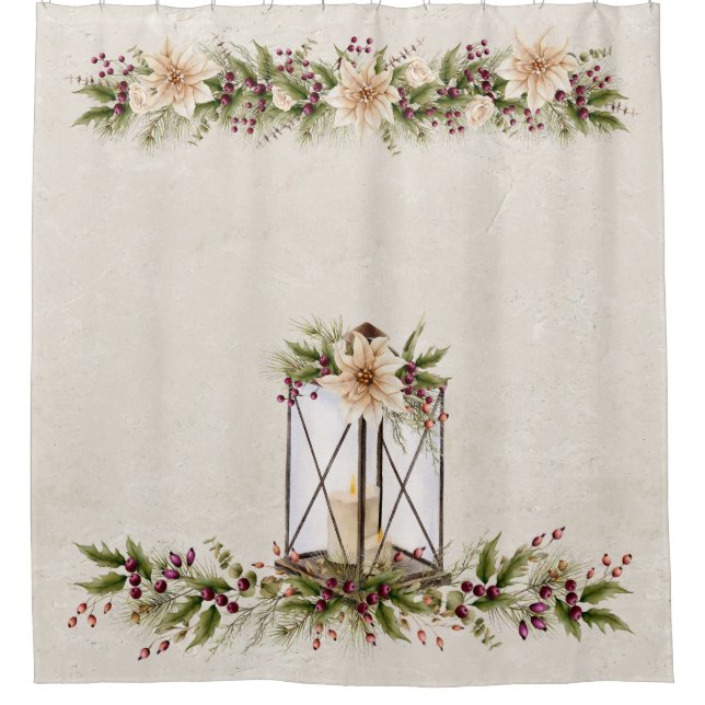 Vintage White Poinsettia Christmas Lantern Shower Curtain (Front)