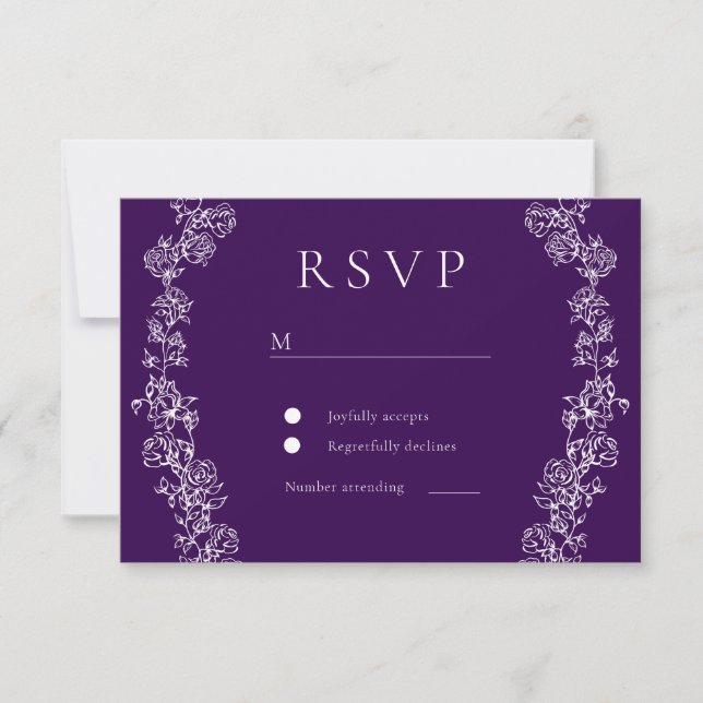 Vintage White Purple Plum Wedding RSVP Card (Front)