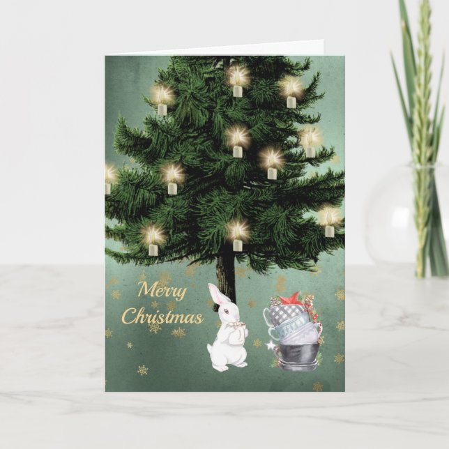 Vintage White Rabbit Tree Christmas Holiday Card (Front)