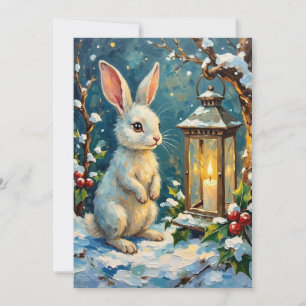Vintage White Rabbit with Christmas Lantern Holiday Card