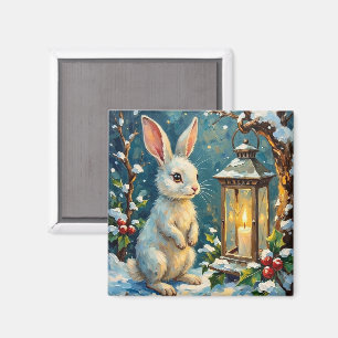 Vintage White Rabbit with Christmas Lantern Magnet