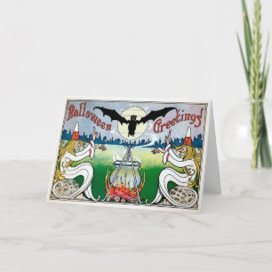 Vintage White Robed Witches Halloween Card