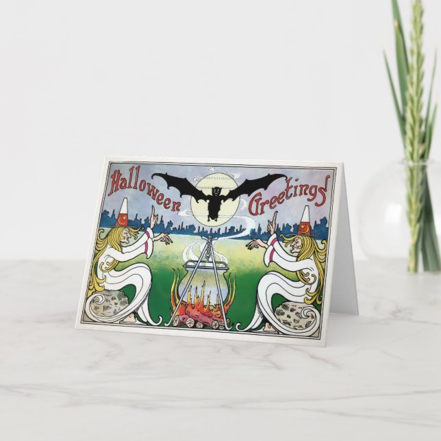 Vintage White Robed Witches Halloween Card (Front)