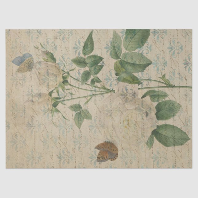 Vintage White Rose and Butterfly Decoupage Tissue Paper (Front)