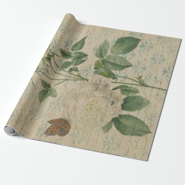 Vintage White Rose and Butterfly Wrapping Paper (Unrolled)