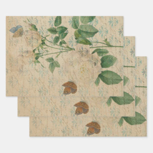Vintage White Rose and Butterfly Wrapping Paper Sheet