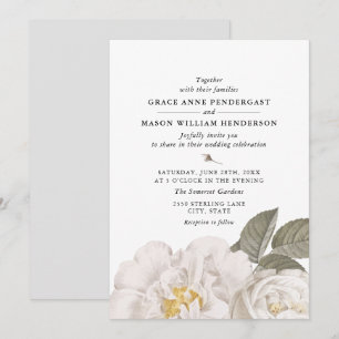 Vintage White Rose Botanical Floral Wedding Invitation