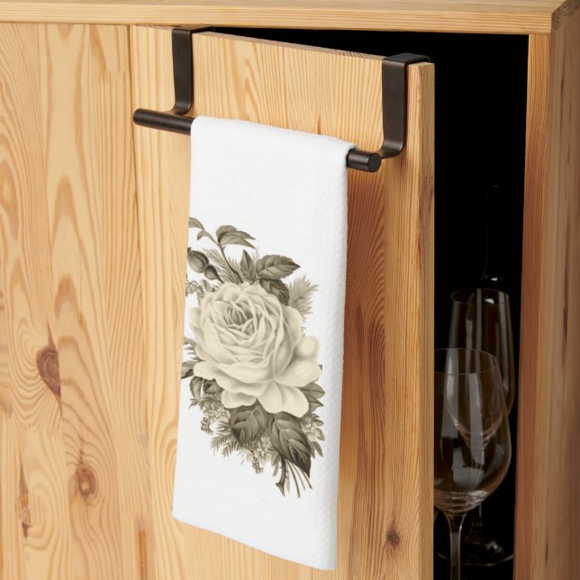 Vintage White Rose Floral Kitchen Hand Towel (Thirds Fold)