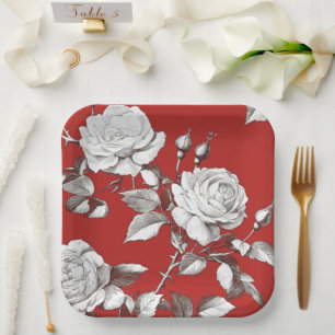 Vintage White Rose Paper Plate