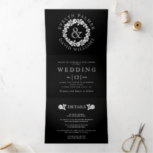 Vintage white rose wreath black wedding Tri-Fold invitation